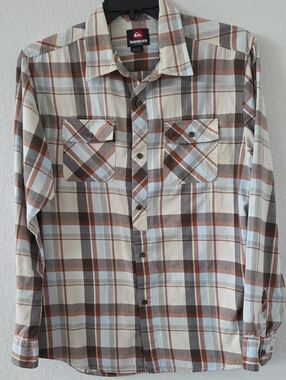 Quiksilver Men’s Plaid Button-Down Shirt Cream Brown Blue Large Fall Cotton
